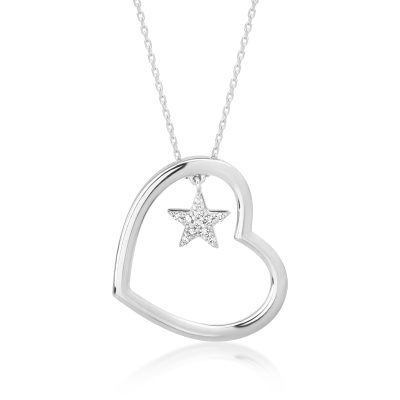 Lant cu pandantiv inima si steluta din aur alb cu diamante de 0.04ct