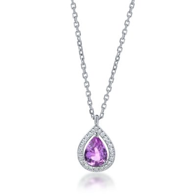 Lant cu pandantiv lacrima din aur alb cu safir roz si diamante de 0.8ct