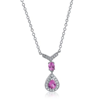 Lant cu pandantiv lacrima din aur alb cu safire roz pear si oval de 0.57ct si diamante de 0.11ct