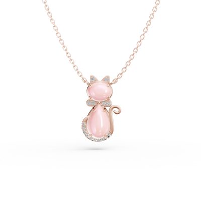 Lant cu pandantiv pisicuta pentru copii din aur roz cu quartz trandafiriu pear si oval de 1.3ct si diamante de 0.03ct