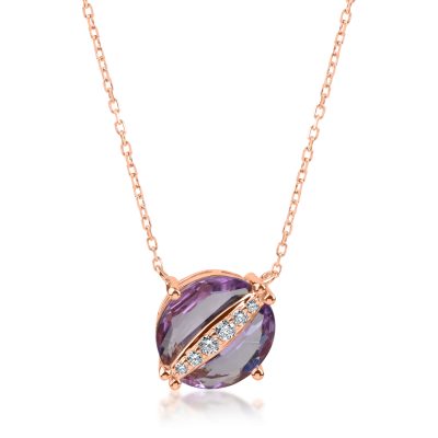 Lant cu pandantiv rotund din aur roz cu ametist de 1.41ct si diamante de 0.08ct