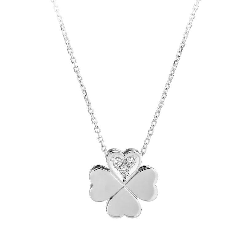 Lant cu pandantiv trifoi din aur alb cu diamante de 0.022ct