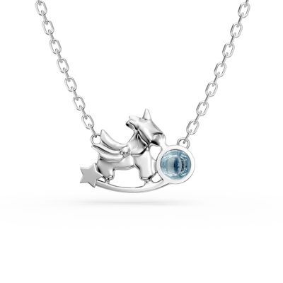 Lant cu pandantiv unicorn din aur alb cu topaz albastru de 0.1ct pentru copii
