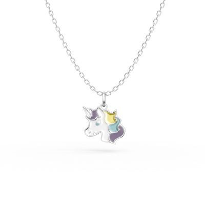 Lant cu pandantiv unicorn din aur alb si insertii multicolore pentru copii
