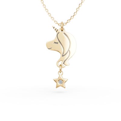 Lant cu pandantiv unicorn din aur galben cu diamant de 0.009ct pentru copii