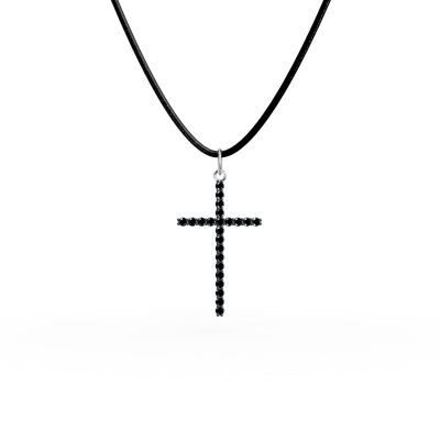 Lant piele cu pandantiv cruce din aur alb cu diamante negre de 0.2ct