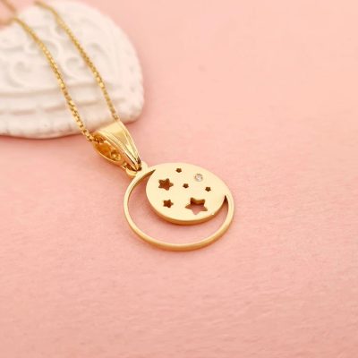 Lantisor cu Diamant Natural - Pandantiv 16 mm - Luna si stelute - Argint 925 placat cu Aur Galben 18K