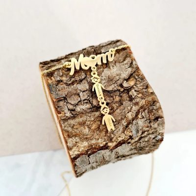 Lantisor cu pandantiv Mom si 2 siluete copii - Argint 925 placat cu Aur Galben 18K