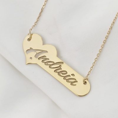 Lantisor cu pandantiv placuta personalizata cu nume si Diamant Natural - Argint placat cu Aur Galben 18K