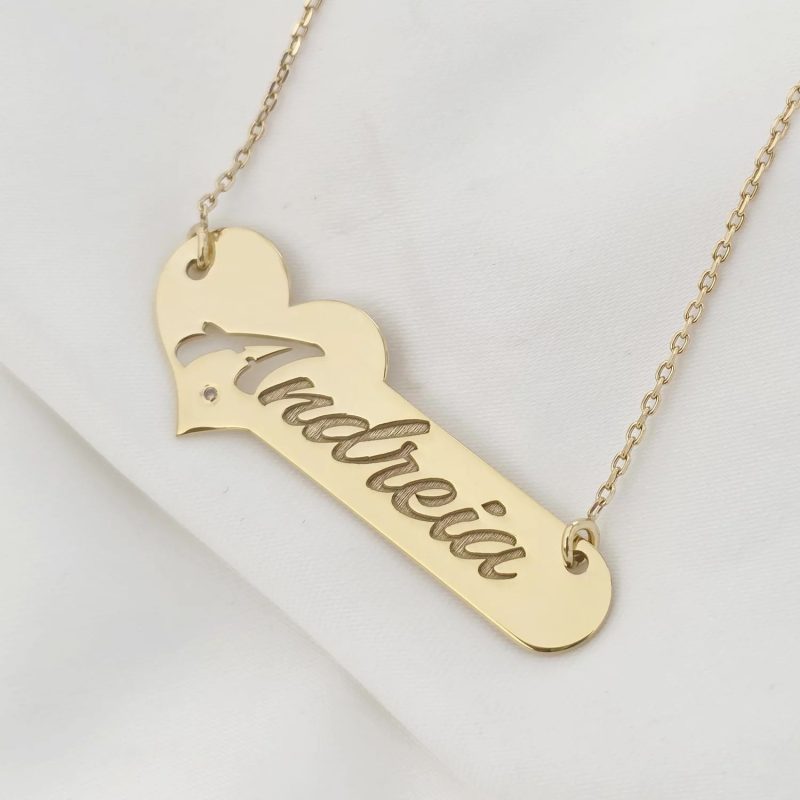 Lantisor cu pandantiv placuta personalizata cu nume si Diamant Natural - Argint placat cu Aur Galben 18K