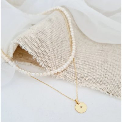 Lantisor cu Perle - Echilibru rafinat - Model 2 straturi cu sirag perle si lantisor cu pandantiv banut - Diamant natural - Aur Galben 14K