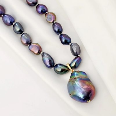 Lantisor cu Perle - model sirag de perle Nugget Peacock de apa dulce - Argint 925 placat cu Aur Galben 18K