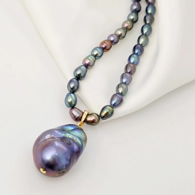 Lantisor cu Perle - model sirag de perle Rice Peacock de apa dulce - Argint 925 placat cu Aur Galben 18K