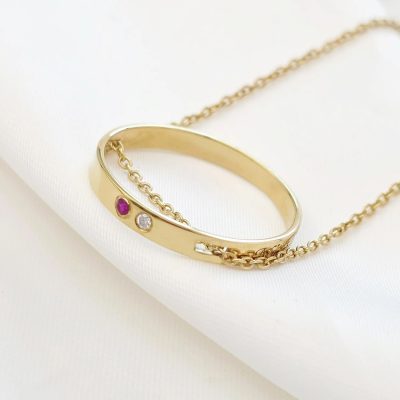 Lantisor Fior al Destinului - Model pandantiv inel cu 2 Pietre pretioase - Argint 925 placat cu Aur Galben 18K