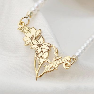 Lantisor IMPREUNA - frezie & lacrimioare - Pandantiv din Argint 925 placat cu Aur Galben 18K - Sirag de perle mici