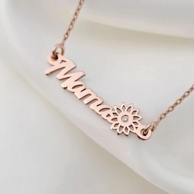 Lantisor mama, simbol floare si Diamant natural - Argint 925 placat cu Aur Roz 18K