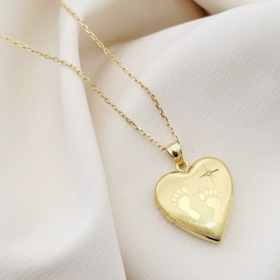 Medalion inima cu poze in interior - Footsteps&Birthstone - Argint 925 placat cu Aur Galben 18K