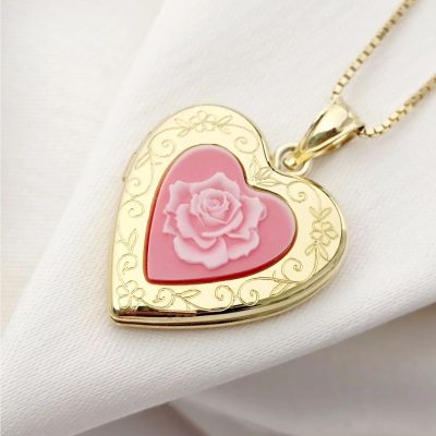 Medalion inima cu poze in interior - Pink Rose - Argint 925 placat cu Aur Galben 18K