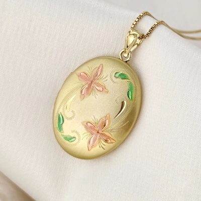 Medalion oval cu poze in interior - Pink Flowers - Argint 925 placat cu Aur Galben 18K