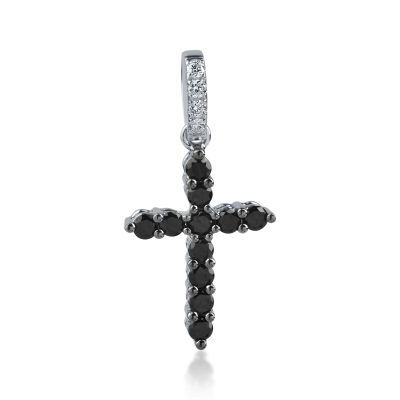 Pandant cruce din aur alb negru cu diamante negre de 0.3ct si diamante incolore de 0.05ct