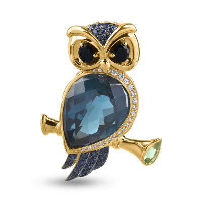 Pandantiv bufnita din aur galben cu pietre pretioase si semipretioase de 11.76ct