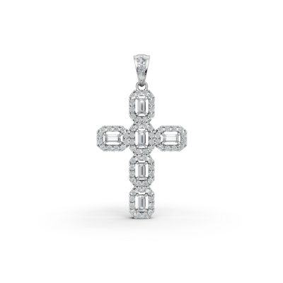 Pandantiv cruce din aur alb cu diamante baguette si rotunde de 0.5ct