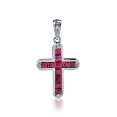 Pandantiv cruce din aur alb cu rubine princess de 0.77ct si diamante de 0.03ct