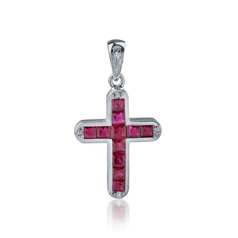 Pandantiv cruce din aur alb cu rubine princess de 0.77ct si diamante de 0.03ct