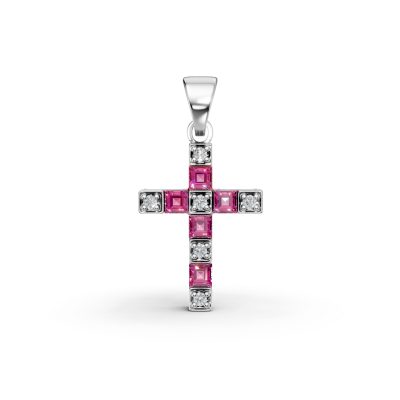 Pandantiv cruce din aur alb cu rubine rectangulare de 0.26ct si diamante de 0.04ct