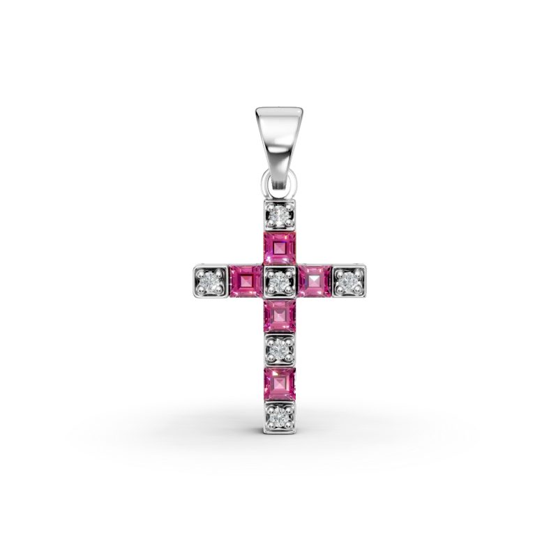 Pandantiv cruce din aur alb cu rubine rectangulare de 0.26ct si diamante de 0.04ct