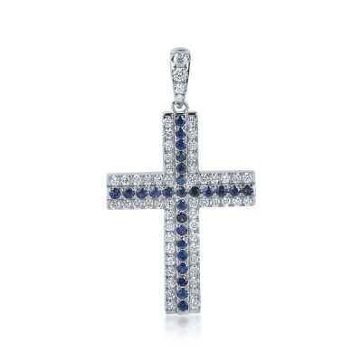 Pandantiv cruce din aur alb cu safire de 1.7ct si diamante de 0.9ct