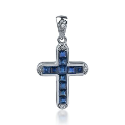 Pandantiv cruce din aur alb cu safire rectangulare de 0.6ct si diamante de 0.03ct