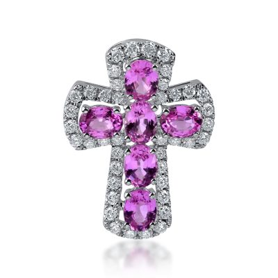 Pandantiv cruce din aur alb cu safire roz ovale de 1.45ct si diamante de 0.34ct