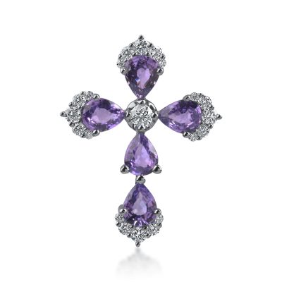 Pandantiv cruce din aur alb cu safire violet para de 1.72ct si diamante de 0.33ct