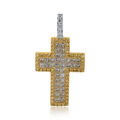 Pandantiv cruce din aur alb-galben cu diamante galbene princess si rotunde de 1.69ct si diamante incolore de 0.1ct