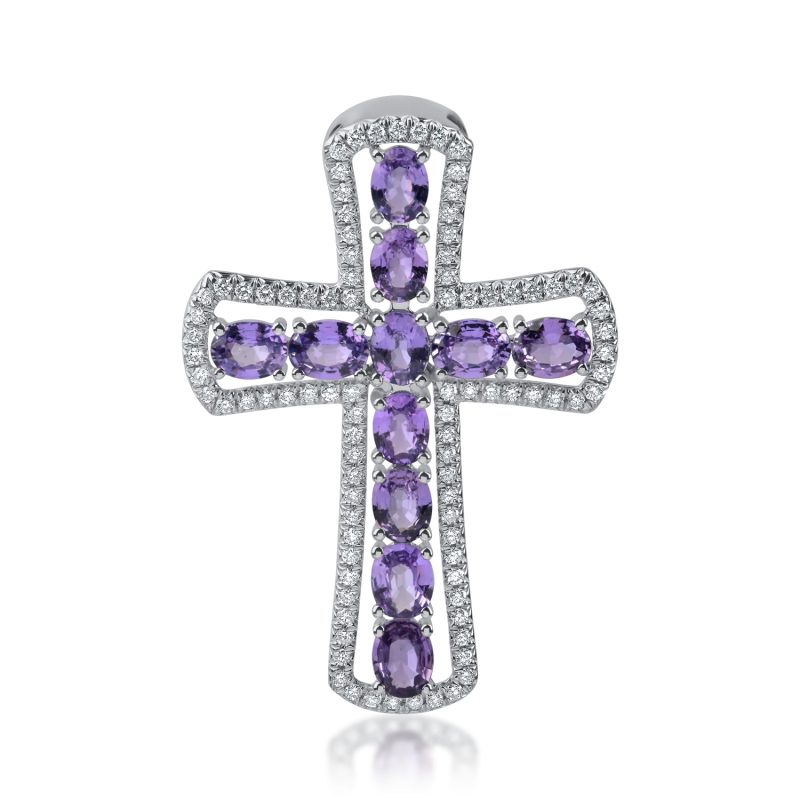 Pandantiv cruce din aur cu safire violet ovale de 2.19ct si diamante de 0.32ct
