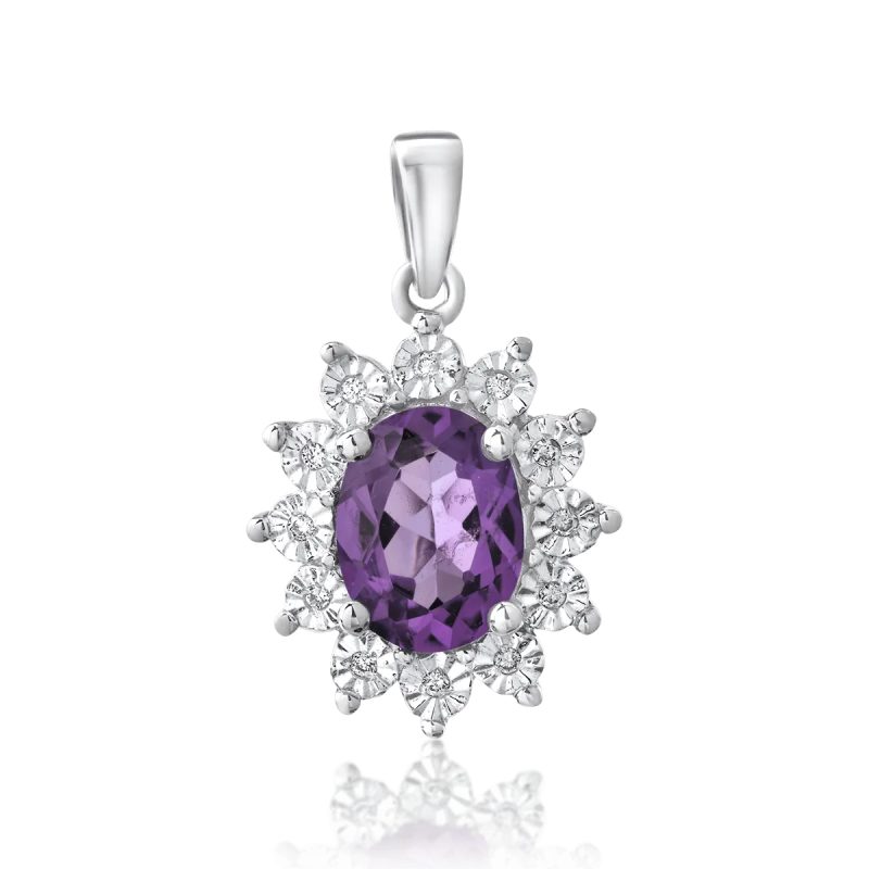 Pandantiv din aur alb cu ametist oval de 1.07ct si diamante de 0.03ct