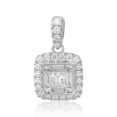 Pandantiv din aur alb cu diamante princess, baguette si rotunde de 0.45ct