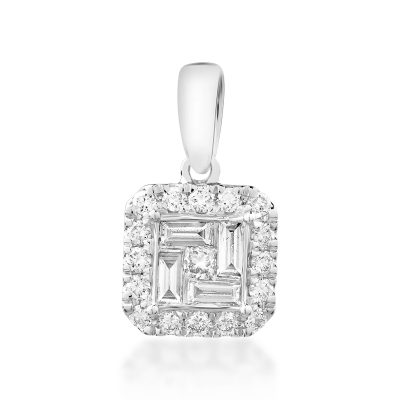 Pandantiv din aur alb cu diamante princess, baguette si rotunde de 0.4ct