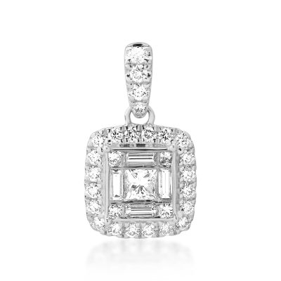 Pandantiv din aur alb cu diamante princess, baguette si rotunde de 0.63ct