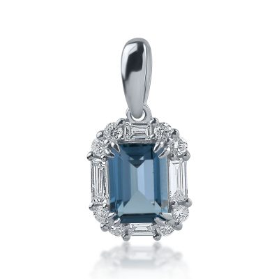 Pandantiv din aur alb cu topaz london blue de 1.17ct si diamante baguette si rotunde de 0.32ct