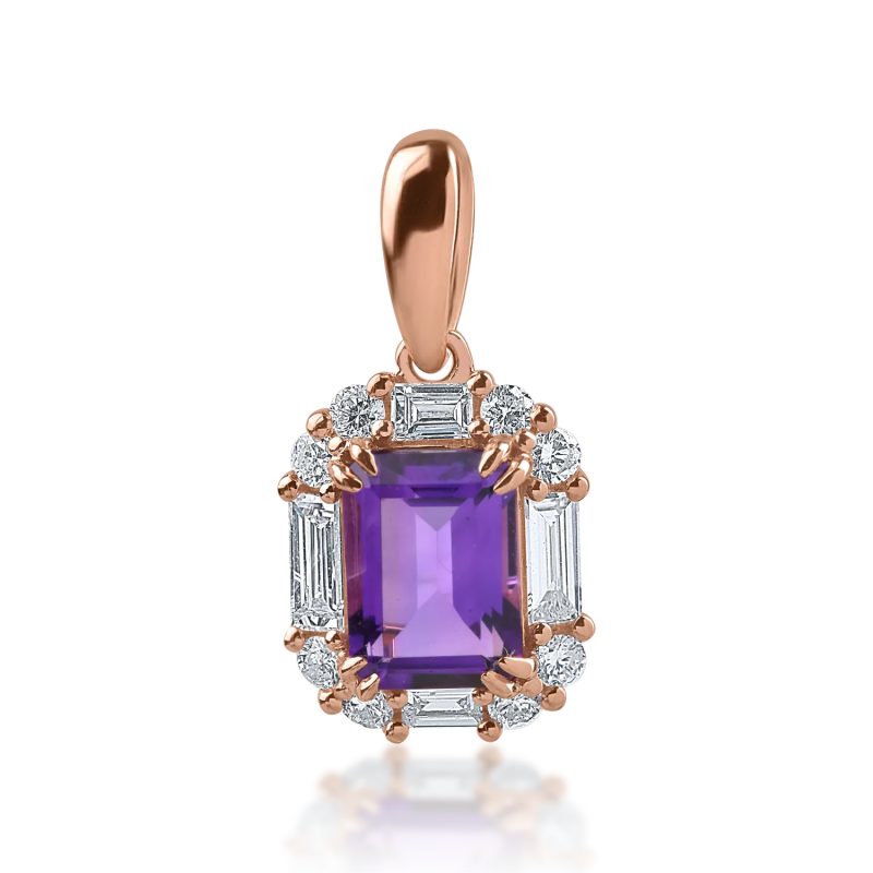 Pandantiv din aur roz cu ametist de 0.97ct si diamante baguette si rotunde de 0.34ct