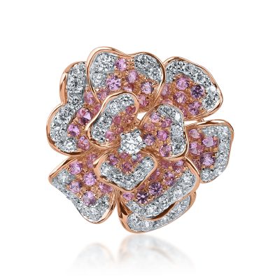 Pandantiv floare din aur roz cu safire roz de 0.6ct si diamante de 0.3ct