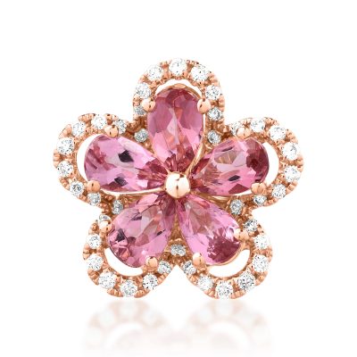 Pandantiv floare din aur roz cu turmaline roz pear de 1ct si diamante de 0.1ct