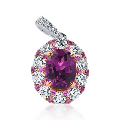 Pandantiv geometric din aur alb cu granat oval, safire roz si diamante de 2.5ct