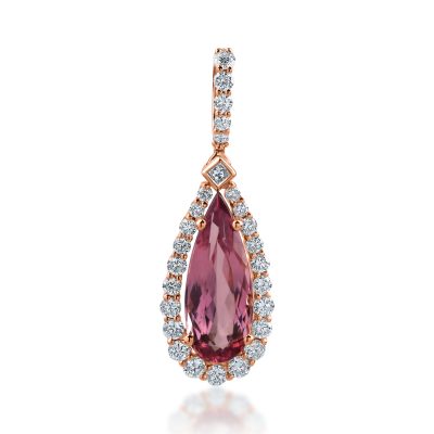 Pandantiv lacrima din aur roz cu turmalina roz taietura pear si diamante de 2.17ct