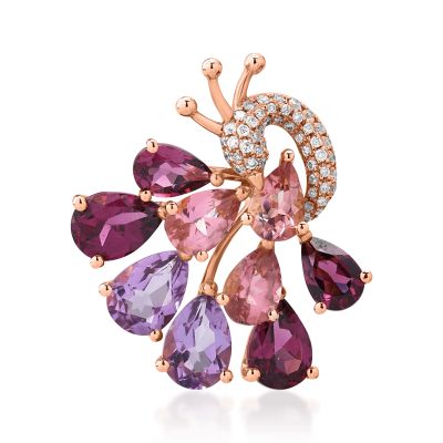 Pandantiv paun din aur roz cu pietre pretioase si semipretioase de 5.67ct