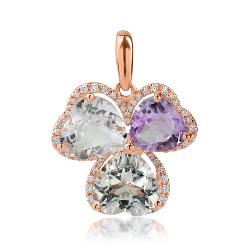 Pandantiv trifoi din aur roz cu ametiste heart de 6.2ct si diamante de 0.2ct