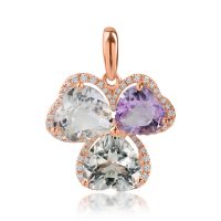 Pandantiv trifoi din aur roz cu ametiste heart de 6.2ct si diamante de 0.2ct