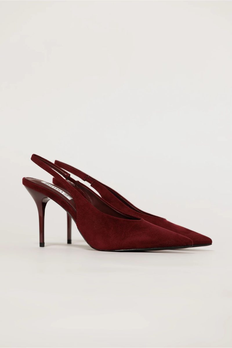 Pantofi bordo eleganti din piele intoarsa ecologica si toc stiletto